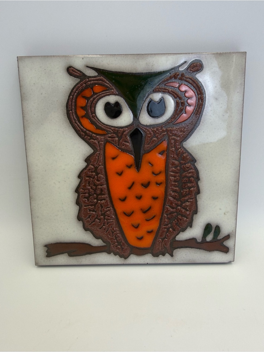 Vintage MCM Studio Pottery OWL Trivet/ Tile, 1970's Made In Spain